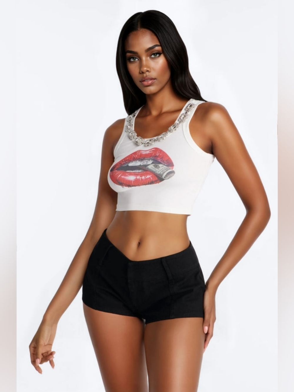 NEW! Fashion Nova White Cropped Tank with Red Lip Graphic